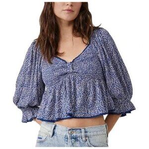 Free People Brittnee Peasant Top Size Large Floral Balloon Sleeve Crop Top